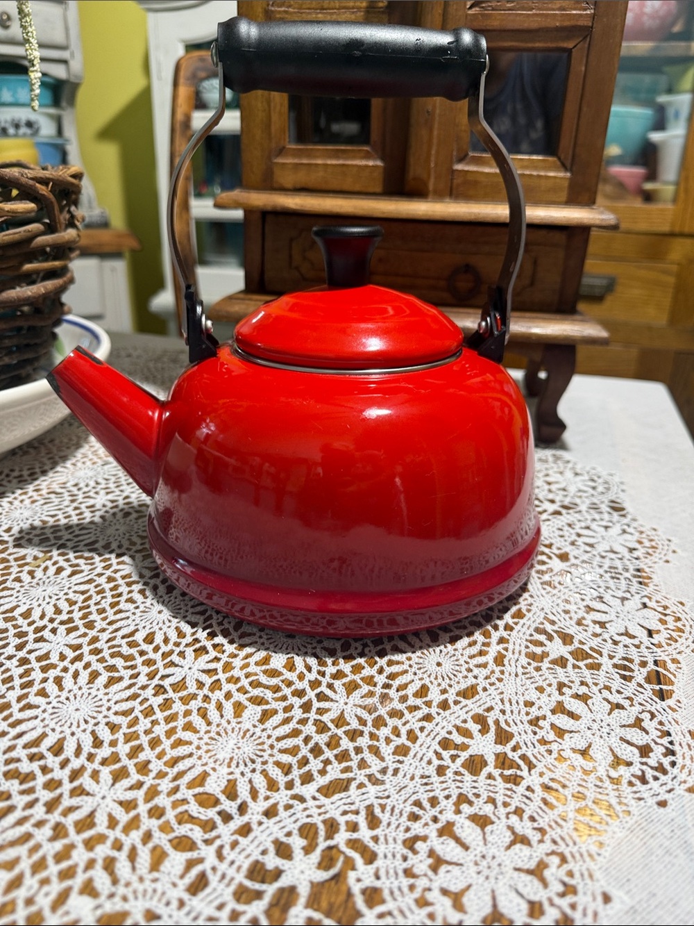 red Le Creuset enamel on steel  tea kettle
